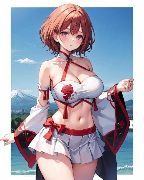 1girl, solo, <lora:char-madoka:0.9> ,<lora:shisuiOutfitBandeauFloral:0.9>, tokyo city, mount fuji, huge breasts, arms at sides, outdoors,detached sleeves, white bandeau, floral print, white skirt, miniskirt, crop top, thighs,red bow, cleavage, white sleeves,