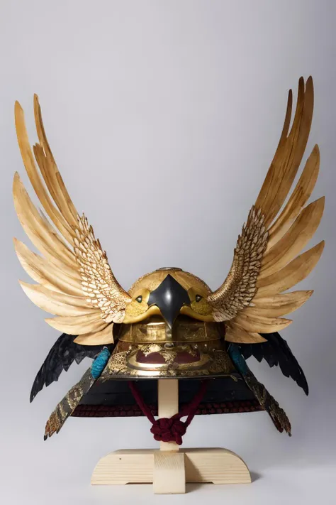 kabuto \(helmet\), simple background, no humans, samurai, (bird:1.2), rope, helmet stand
