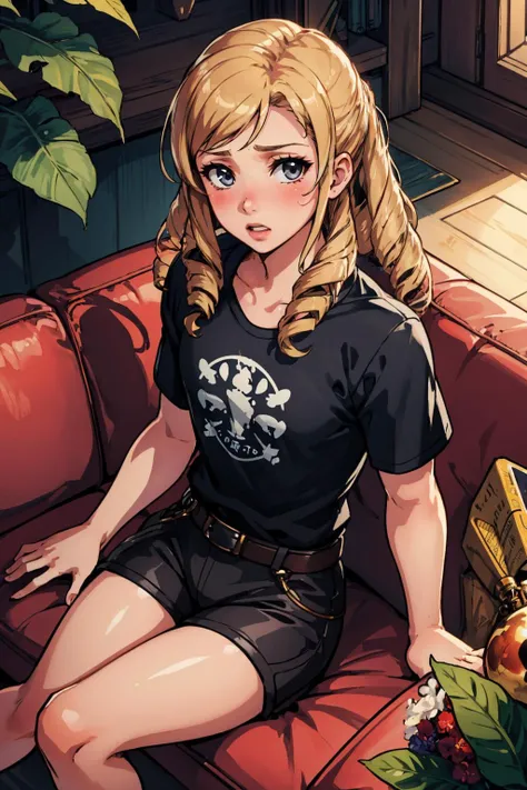 masterpiece, best quality, feforrest, 1boy, male focus, otoko no ko, black t-shirt, shorts, looking at viewer, surprised, blushing, from above, sitting, couch <lyco:forrest-nvwls-v1-000010:0.9>