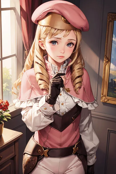 masterpiece, best quality, feforrest, otoko no ko, beret, pink capelet, pink tunic, white pants, brown gloves, upper body, looking at viewer, shy, from above, mansion, room, finely decorated room, pink theme <lyco:forrest-nvwls-v1-000010:0.9>