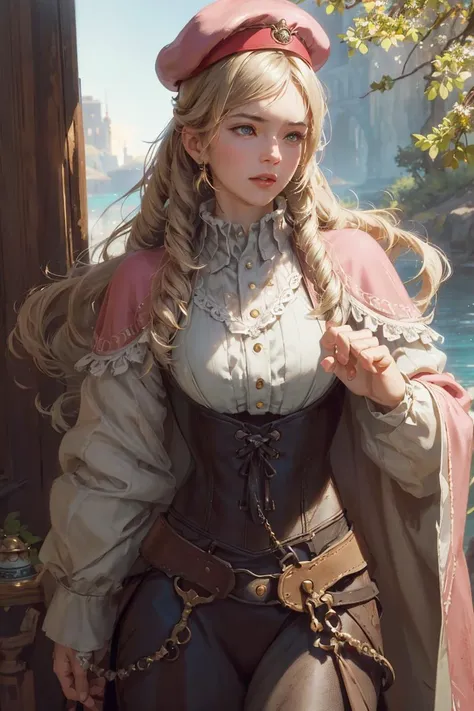 feforrest, otoko no ko, beret, pink capelet,(Analog style),turtleneck, masterpiece, best quality, ((robe)), choker,(corset), stone bridge, lake,crown, white ((ornate ballgown)), windswept amazing long hair,4k,( bokeh),absurdres, professional majestic oil painting by Ed Blinkey, Atey Ghailan, Studio Ghibli, by Jeremy Mann, Greg Manchess, Antonio Moro, trending on ArtStation, trending on CGSociety, trending on deviantart, Intricate, High Detail, Sharp focus, dramatic, photorealistic painting art , Greg Rutkowski,(concept art from tangled), Theme_ArmaniCouture, <lora:Char_fef-Forrest_KW-feforrestANDotokoSPCnoSPCkoANDberetANDpinkSPCcapelet:0.7>