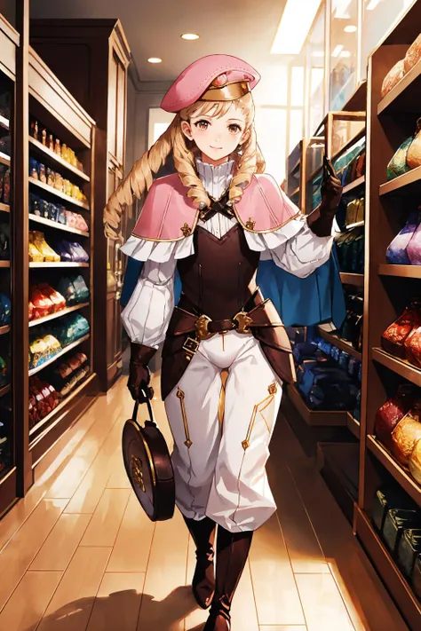 <lora:forrest-nvwls-v1-final:0.8> feForrest, otoko no ko, beret, pink capelet, pink tunic, white pants, brown boots, brown gloves
masterpiece, best quality, absurdres, clothing store, smile