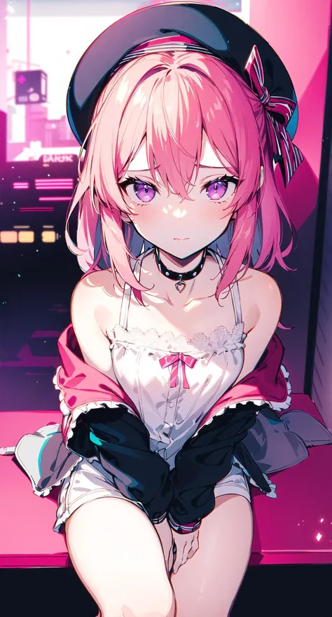 1 synth wave style girl, extremely detailed CG ,(masterpiece), (flat color:1.5), (best quality), (limited palette) , pink fluorescent paint, , noline art, silhouette, partially colored, (alternate color):1.4, dynamic angle, (pink, dark violet):1.3, dark violet shadow, (synth wave), (chromatic aberration) , (((thick) outline)), pink outline, (solo focus), pink neon lights, perfect shadow, cowboy shot, blank stare, beret, bowknot on beret, flat chest, wearing an off- shoulder floating jacket, wavy delicate hair, blank stare, delicate face, bare shoulder, sitting on the top of the building, beautiful and delicate eyes, (1 girl):1.5, solo, from above, delicate background, streets with neon lights