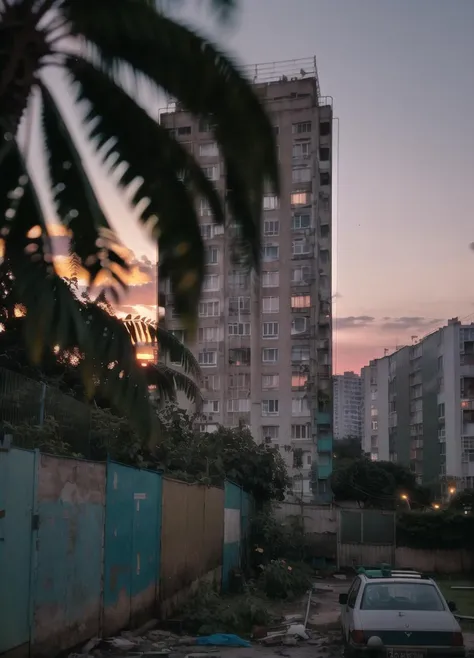 ground view, yard with large buildings, russianebenya, sunset, trees and bushes, still, 30mm lens, polaroid, analog photo, vhs, lomo, masterpiece, best quality, (film grain:1.1), ultra high res, RAW <lora:russianebenya_v2:0.8>