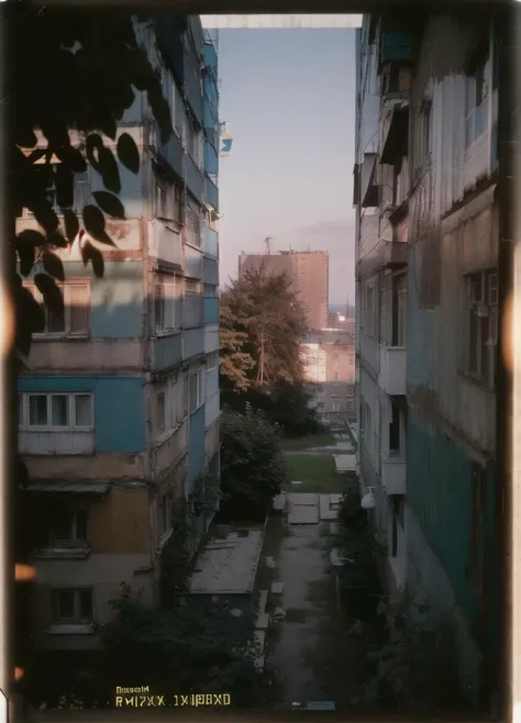 view from window, yard with large buildings, russianebenya, sunny day, trees and bushes, still, 30mm lens, polaroid, analog photo, vhs, lomo, masterpiece, best quality, (film grain:1.1), ultra high res, RAW <lora:russianebenya_v2:0.8>