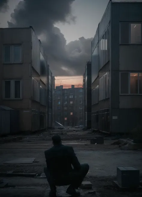 man at yard with large panel houses, ((squatting)), russianebenya, cyberpunk, dark evening, movie still, 80mm lens, masterpiece, best quality, (film grain:1.1), ultra high res, RAW <lora:russianebenya_v2:0.8>