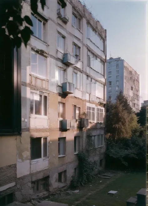 view from window, yard with large buildings, russianebenya, sunny day, trees and bushes, movie still, 30mm lens, polaroid, analog photo, vhs, masterpiece, best quality, (film grain:1.1), ultra high res, RAW <lora:russianebenya_v2:0.8>