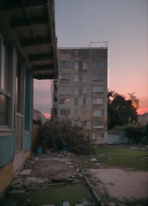 ground view, yard with large buildings, russianebenya, sunset, trees and bushes, movie still, 30mm lens, polaroid, analog photo, vhs, lomo, masterpiece, best quality, (film grain:1.1), ultra high res, RAW <lora:russianebenya_v2:0.8>