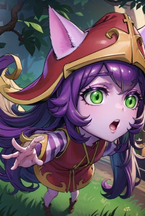 lollulu, <lyco:lulu-lyco-nochekaiser:1>,
lulu, long hair, bangs, animal ears, (green eyes:1.5), purple hair, colored skin, purple skin,
BREAK long sleeves, hat, dress, red dress, red headwear, ears through headwear, striped sleeves, yordle,
BREAK looking at viewer, full body,
BREAK outdoors,
BREAK <lyco:GoodHands-beta2:1>, (masterpiece:1.2), best quality, high resolution, unity 8k wallpaper, (illustration:0.8), (beautiful detailed eyes:1.6), extremely detailed face, perfect lighting, extremely detailed CG, (perfect hands, perfect anatomy),