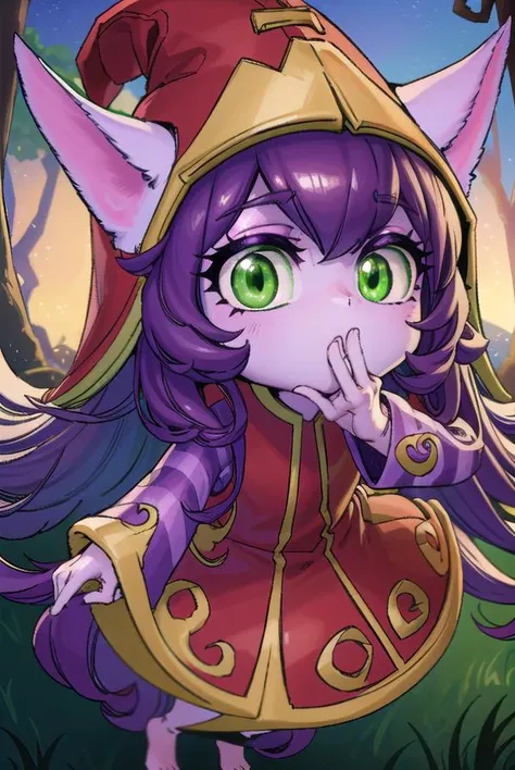 lollulu, <lyco:lulu-lyco-nochekaiser:1>,
lulu, long hair, bangs, animal ears, (green eyes:1.5), purple hair, colored skin, purple skin,
BREAK long sleeves, hat, dress, red dress, red headwear, ears through headwear, striped sleeves, yordle,
BREAK looking at viewer, full body,
BREAK outdoors,
BREAK <lyco:GoodHands-beta2:1>, (masterpiece:1.2), best quality, high resolution, unity 8k wallpaper, (illustration:0.8), (beautiful detailed eyes:1.6), extremely detailed face, perfect lighting, extremely detailed CG, (perfect hands, perfect anatomy),