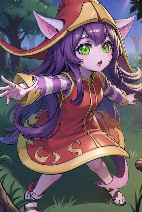 lollulu, <lyco:lulu-lyco-nochekaiser:1>,
lulu, long hair, bangs, animal ears, (green eyes:1.5), purple hair, colored skin, purple skin,
BREAK long sleeves, hat, dress, red dress, red headwear, ears through headwear, striped sleeves, yordle,
BREAK looking at viewer, full body,
BREAK outdoors,
BREAK <lyco:GoodHands-beta2:1>, (masterpiece:1.2), best quality, high resolution, unity 8k wallpaper, (illustration:0.8), (beautiful detailed eyes:1.6), extremely detailed face, perfect lighting, extremely detailed CG, (perfect hands, perfect anatomy),