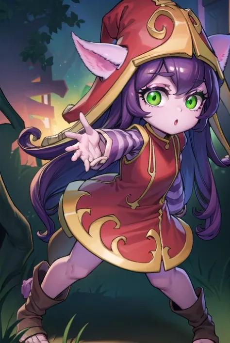 lollulu, <lyco:lulu-lyco-nochekaiser:1>,
lulu, long hair, bangs, animal ears, (green eyes:1.5), purple hair, colored skin, purple skin,
BREAK long sleeves, hat, dress, red dress, red headwear, ears through headwear, striped sleeves, yordle,
BREAK looking at viewer, full body,
BREAK outdoors,
BREAK <lyco:GoodHands-beta2:1>, (masterpiece:1.2), best quality, high resolution, unity 8k wallpaper, (illustration:0.8), (beautiful detailed eyes:1.6), extremely detailed face, perfect lighting, extremely detailed CG, (perfect hands, perfect anatomy),