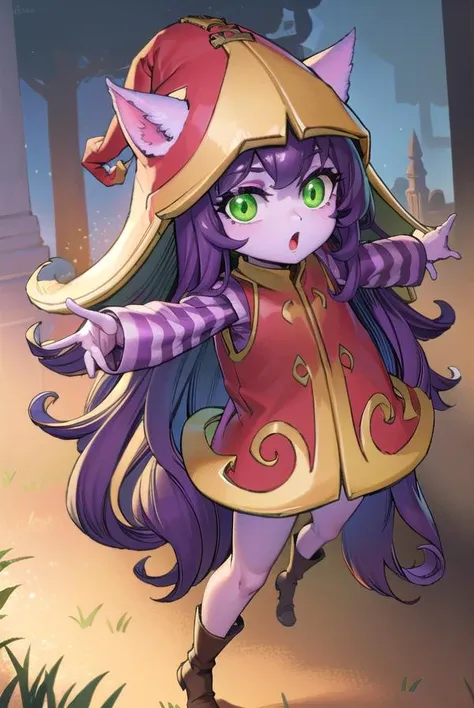 lollulu, <lyco:lulu-lyco-nochekaiser:1>,
lulu, long hair, bangs, animal ears, (green eyes:1.5), purple hair, colored skin, purple skin,
BREAK long sleeves, hat, dress, red dress, red headwear, ears through headwear, striped sleeves, yordle,
BREAK looking at viewer, full body,
BREAK outdoors,
BREAK <lyco:GoodHands-beta2:1>, (masterpiece:1.2), best quality, high resolution, unity 8k wallpaper, (illustration:0.8), (beautiful detailed eyes:1.6), extremely detailed face, perfect lighting, extremely detailed CG, (perfect hands, perfect anatomy),