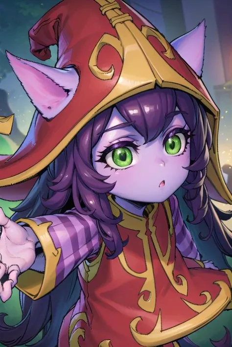 lollulu, <lyco:lulu-lyco-nochekaiser:1>,
lulu, long hair, bangs, animal ears, (green eyes:1.5), purple hair, colored skin, purple skin,
BREAK long sleeves, hat, dress, red dress, red headwear, ears through headwear, striped sleeves, yordle,
BREAK looking at viewer, full body,
BREAK outdoors,
BREAK <lyco:GoodHands-beta2:1>, (masterpiece:1.2), best quality, high resolution, unity 8k wallpaper, (illustration:0.8), (beautiful detailed eyes:1.6), extremely detailed face, perfect lighting, extremely detailed CG, (perfect hands, perfect anatomy),