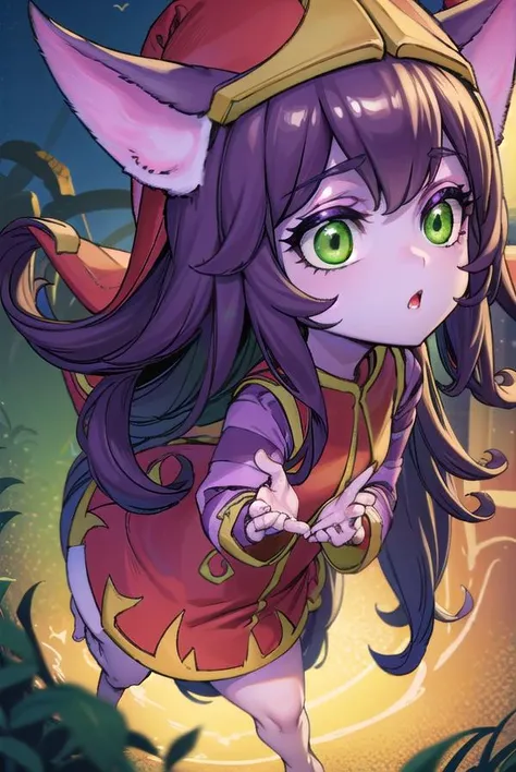 lollulu, <lyco:lulu-lyco-nochekaiser:1>,
lulu, long hair, bangs, animal ears, (green eyes:1.5), purple hair, colored skin, purple skin,
BREAK long sleeves, hat, dress, red dress, red headwear, ears through headwear, striped sleeves, yordle,
BREAK looking at viewer, full body,
BREAK outdoors,
BREAK <lyco:GoodHands-beta2:1>, (masterpiece:1.2), best quality, high resolution, unity 8k wallpaper, (illustration:0.8), (beautiful detailed eyes:1.6), extremely detailed face, perfect lighting, extremely detailed CG, (perfect hands, perfect anatomy),
