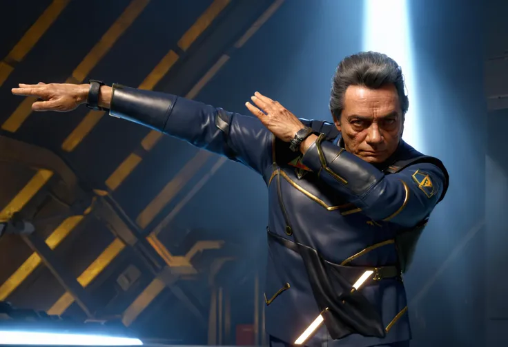 studio quality, hyperrealism, unreal engine 5, williamadama in a blue military uniform, dabbing, wrinkles, sci-fi retro grey hanger, BREAK
highly detailed, cast shadow, photon mapping, radiosity, vibrant, god rays <lora:SOAP_LoRA:0.25> <lora:Adama:1> <lora:add-detail-xl:0.8>