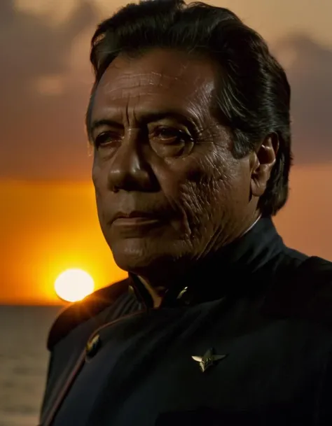 cinematic film still, a grim faced williamadama standing on a gorgeous Caribbean beach, sunset in background, highly detailed, high budget Hollywood movie, cinemascope, moody, epic, gorgeous, film grain, grainy <lora:Adama:1>