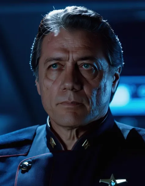 cinematic photo , williamadama, short slicked back hair, natural skin, sweaty, blue military uniform, spaceship bridge,high contrast, sharp focus, 35mm photograph, film, bokeh, professional, 4k  <lora:Adama:1>