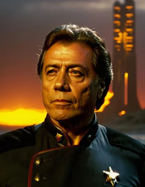 cinematic film still, close-up portrait of williamadama standing on a gorgeous sci-fi surreal beach, towering alien ruins, alien sunset with red and yellow suns, chaos, intricate, highly detailed, high budget Hollywood movie, cinemascope, moody, epic, gorgeous, film grain, grainy <lora:Adama:0.9>
