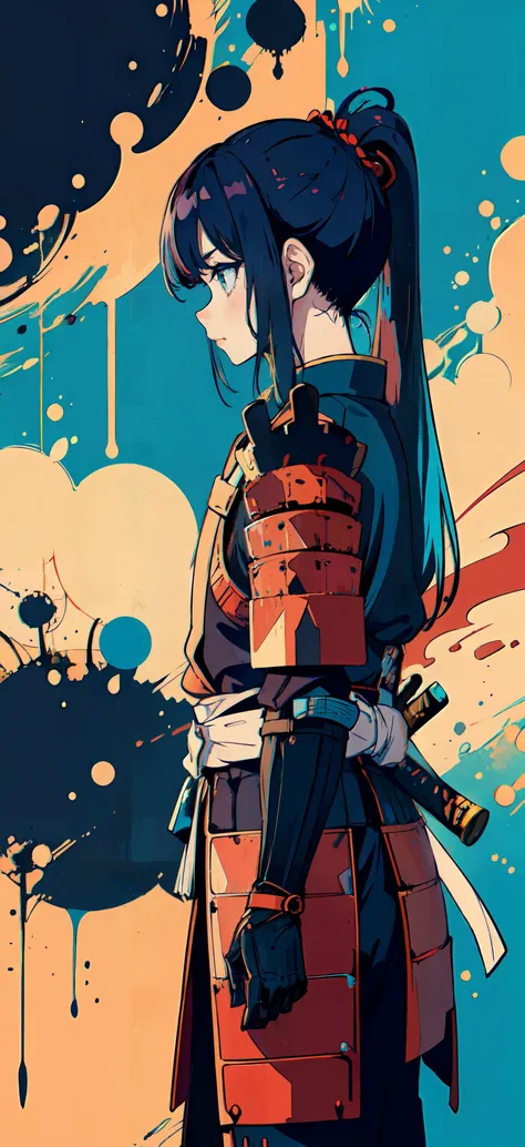 (((masterpiece:1.15))), ((best quality)), (fully clothed:1.2), samurai, abstract background, duotone background,cyan hair, cyan eyes, ponytail hairstyle, (petite:1.4), tan lines, red samurai armor with purple accent color, <lora:onelastlastcogecha:0.3> <lora:thickline_fp16:0.25> <lora:Sy3:0.5>, <lora:ARWsamurai:0.6>