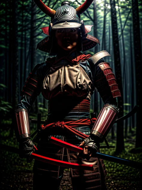 Close-up face, mysterious silhouette of an exotic girl in worn down clothing, red cosmetic over face goddess, alluring, by girl samurai, Lithuanian, female samurai style, muscle-bound and fit and medium tits and beautifull face, wearing light armor bracers and leg splints with Samurai helmet and sandals, holding Katana sword, holding Wakizashi sword, <lora:samuraiLoraV01:0.8>, raiden shogun, horns pose, yae miko, raidenshogundef, yaemikodef, upper body, forest, shade, light rays, looking at viewer, ray tracing, light smile, <lora:more_details:1.6> Geoffroy Thoorens, Aaron Horkey, Jordan Grimmer, Greg Rutkowski, amazing depth, double exposure, surreal, geometric patterns, intricately detailed, bokeh, perfect balanced, deep fine borders, artistic photorealism , smooth, great masterwork by Suiras