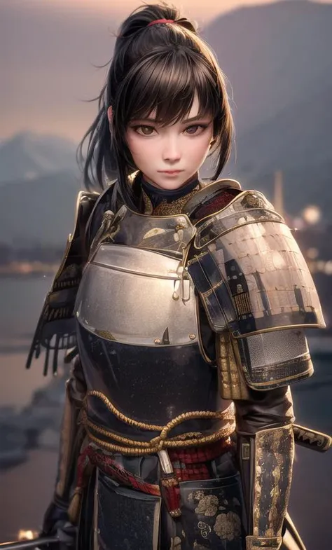 <lora:samuraiLoraV01:0.8> 4k, 8k, best quality, ultra high res, (photorealistic:1.4),(masterpiece:1.2), best quality, masterpiece, highres, original, extremely detailed wallpaper, (ultra-detailed), (best illustration), (best shadow), (realism), realistic, 1girl, solo, adult , samurai, black hair, bangs, high ponytail, very detailed faces, (detail eyes:1.2), brown eyes, red armor, uniform, knight, shoulder badge, shibari, looking at viewer, cowboy shot, dusk, <lora:more_details:0.7>