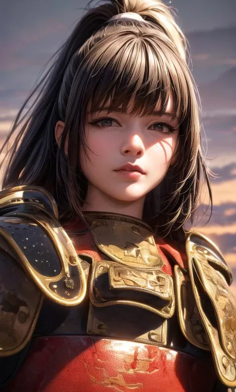 <lora:samuraiLoraV01:0.85> 4k, 8k, best quality, ultra high res, (photorealistic:1.4),(masterpiece:1.2), best quality, masterpiece, highres, original, extremely detailed wallpaper, (ultra-detailed), (best illustration), (best shadow), (realism), realistic, 1girl, solo, ((adult)) , samurai, black hair, bangs, (high ponytail), very detailed faces, (detail eyes:1.2), brown eyes, (red armor), uniform, shoulder badge, shibari, looking at viewer, cool face, blood on face, dirty face, slime girl, cowboy shot, dusk, yellow sun, grass field, <lora:more_details:0.7>