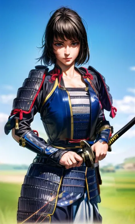 4k, 8k, best quality, ultra high res, (photorealistic:1.4),(masterpiece:1.2), best quality, masterpiece, highres, original, (ultra-detailed), (best illustration), (best shadow), (realism), realistic, 1girl, solo, ((adult)) , samurai, short hair, black hair, (medium breasts:1.2), slim girl, cute face, sharp eyes, very detailed faces, (detail eyes:1.2), Japanese armor, (blue armor:1.1), shoulder badge, shibari, katana, (two hands holding weapon:1.3), holding sword, (scabbard:1.3), fighting stance, looking at viewer, cowboy shot, grass field, <lora:more_details:0.8> <lora:samuraiLoraV01:0.85> <lora:Weapon2:0.9>
