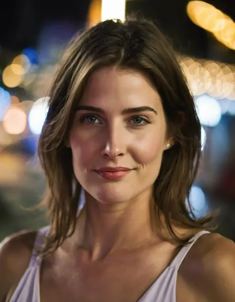 professional fashion close-up portrait photography of a young beautiful ((ohwx woman)) <lora:cobie_lora_sdxl_v1-000008:1> in the city at night, Nikon Z9, bokeh