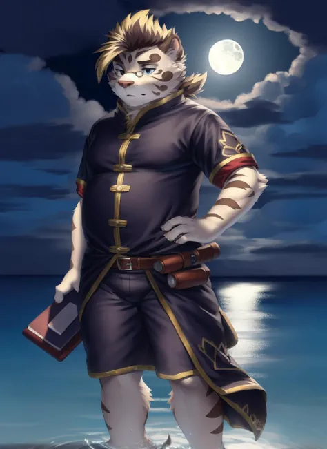 <lora:licho-09:1>, licho, (soft shading), 4k, hi res, ((detailed face, detailed eyes, detailed)), (full body), by zackarry911, by zaush, (by personalami:0.5), (plump), solo, short hair, 1boy, holding, male focus, shorts, water, hand on hip, looking to the side, book, night, feet out of frame, moon, full moon, wading,