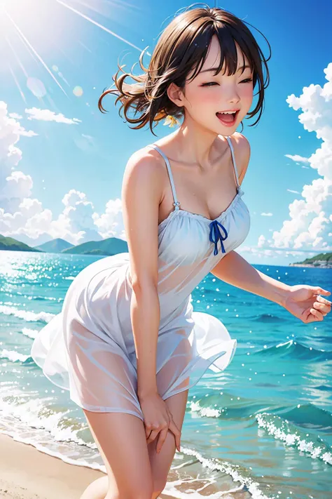 a beautiful woman splashing in the sea. sundress. laughing. sandy shore. sunlight sparkles on the ocean.