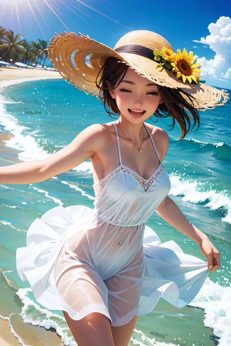 a beautiful woman splashing in the sea. sundress. laughing. sandy shore. sunlight sparkles on the ocean.