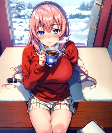 best quality, absurdres, ultra-detailed, <lora:ichinose_honamiV1:0.8>,ichinose_honami_\(youjitsu\),  red sweater, sweatpants, cup, smoke, snow, winter,  diiner, sitting in chair, pov_across_table, date