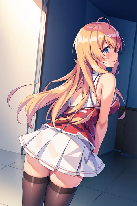 <lora:ichinose_honamiV1:0.8>,ichinose_honami_\(youjitsu\), blonde_hair, 1girl, solo_focus, thighhighs, from_behind, looking_back