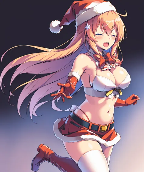 <lora:ichinose_honamiV1:0.8>,ichinose_honami_\(youjitsu\), blonde_hair, 1girl, solo_focus, thighhighs, long_hair, gloves, boots, open_mouth, one_eye_closed, hat, navel, elbow_gloves, simple_background,santa_hat, breasts, red_gloves, midriff, white_thighhighs