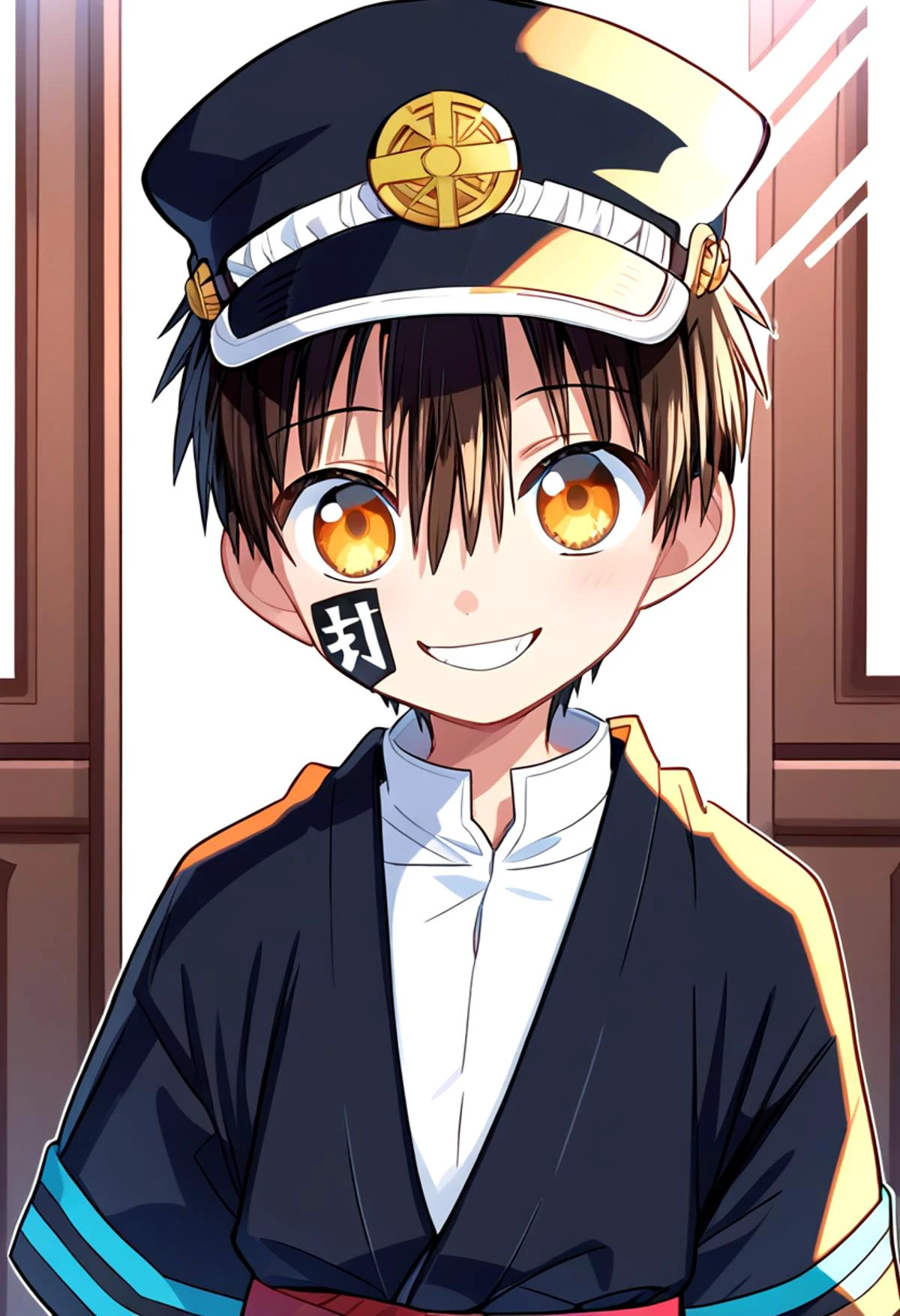 score_9, score_8_up, score_7_up,source_anime, rating_safe BREAK
straight on shot, standing, detailed eyes,
<lora:tsukasa-000018:0.8>
yugi_tsukasa, amber eyes, petite, aged down, child,
one boy standing in a hallway.
His hair is black his eyes are amber color. close up
He is wearing a (completely black kimono:1.2) and a (black paked cap with red band on top of it :1.2). black rectangular sticker in face,
,smile , fangs