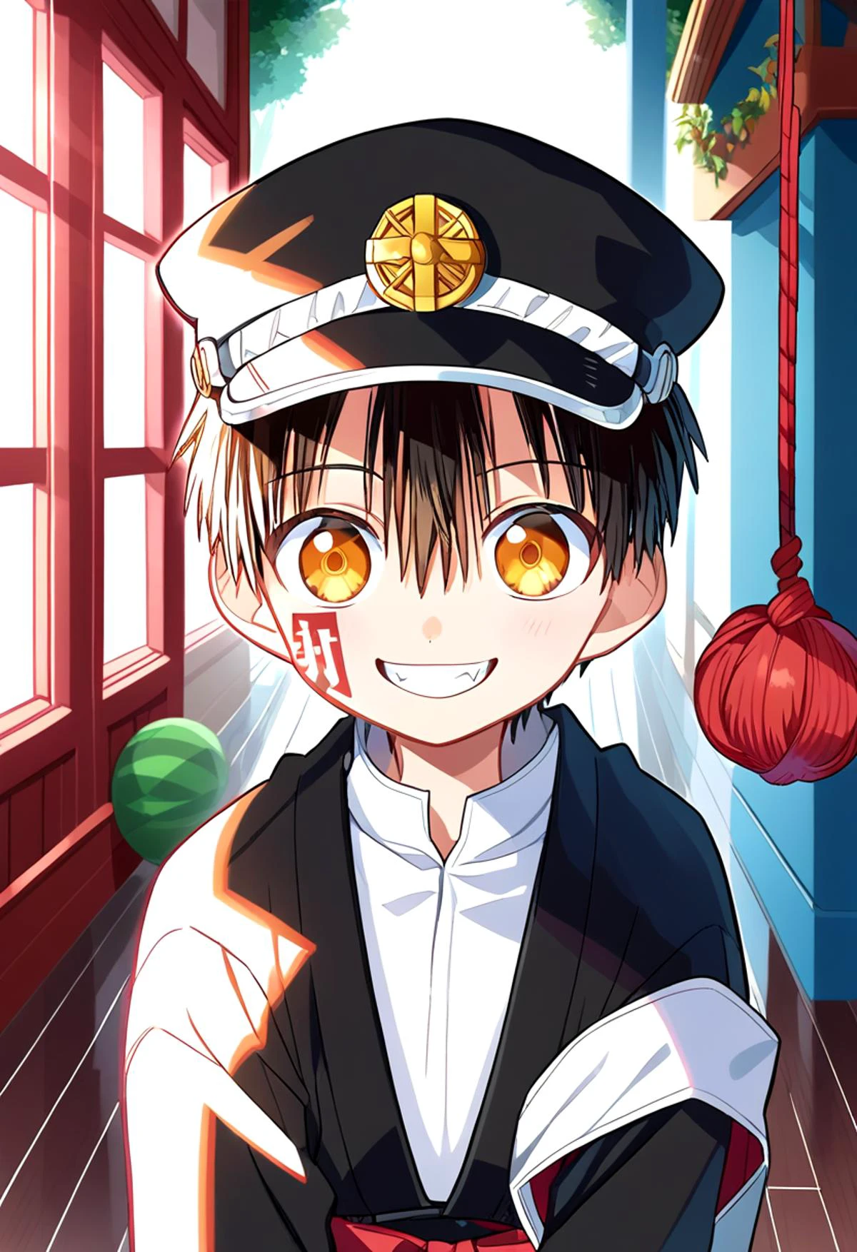 score_9, score_8_up, score_7_up,source_anime, rating_safe BREAK
straight on shot, standing, detailed eyes,
<lora:tsukasa-000018:0.8>
yugi_tsukasa, amber eyes, petite, aged down, child,
one boy standing in a hallway.
His hair is black his eyes are amber color. close up
He is wearing a (completely black kimono:1.2) and a (black paked cap with red rope on top of it :1.2). black rectangular sticker in face,
,smile , fangs