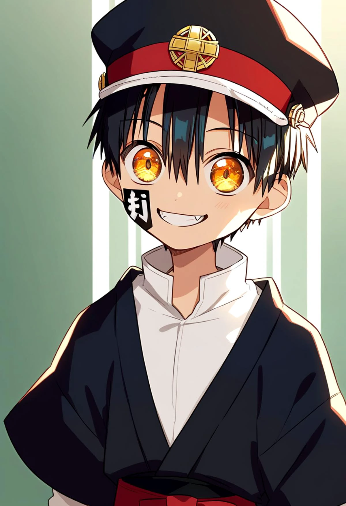 score_9, score_8_up, score_7_up,source_anime, rating_safe BREAK
straight on shot, standing, detailed eyes,
<lora:tsukasa-000018:0.8>
yugi_tsukasa, amber eyes, petite, aged down, child,
one boy standing in a hallway.
His hair is black his eyes are amber color. close up
He is wearing a (completely black kimono:1.2) and a (black paked cap with red band on top of it :1.2). black rectangular sticker in face,
,smile , fangs