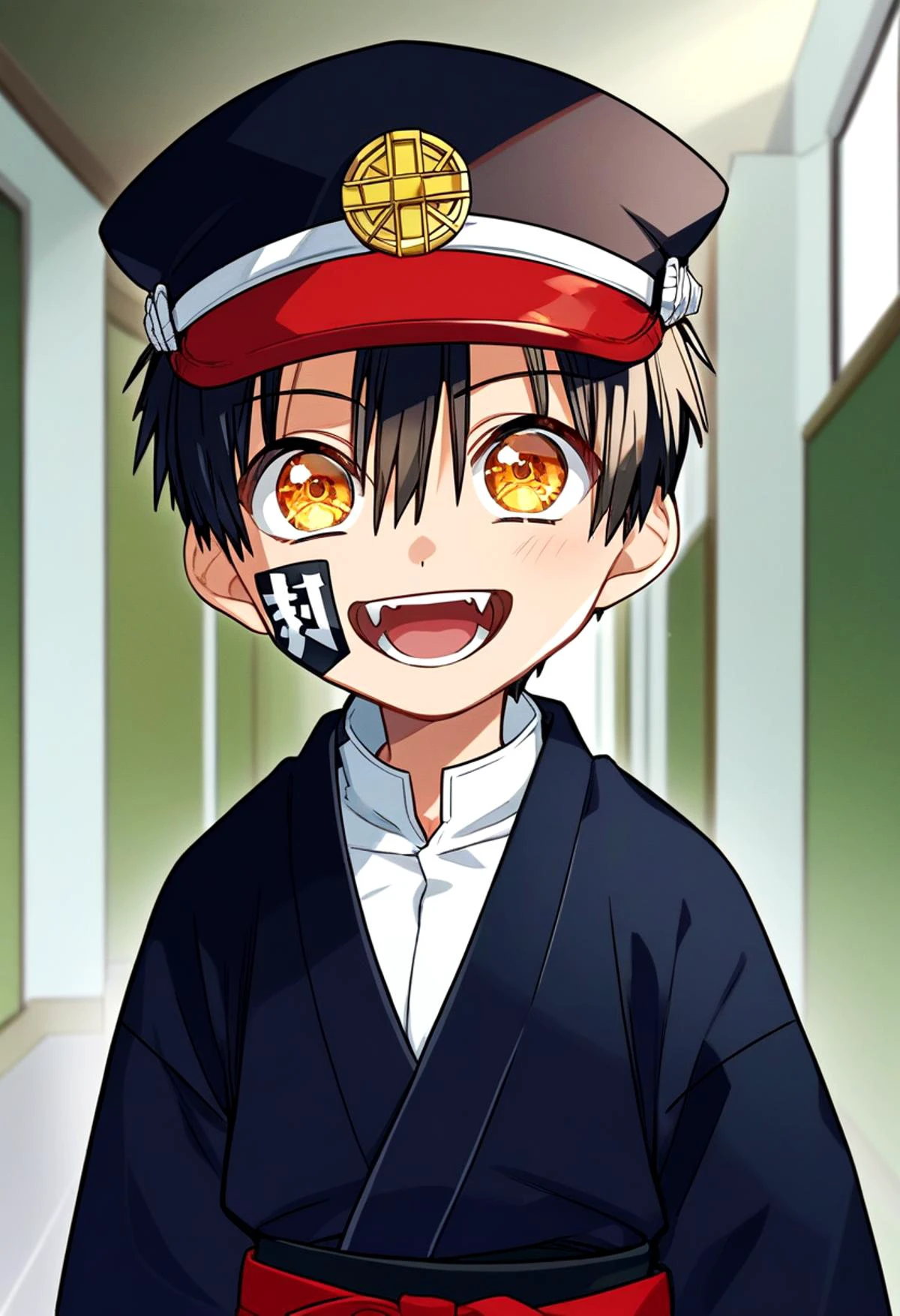 score_9, score_8_up, score_7_up,source_anime, rating_safe BREAK
straight on shot, standing, detailed eyes,
<lora:tsukasa-000018:0.8>
yugi_tsukasa, amber eyes, petite, aged down, child,
one boy standing in a hallway.
His hair is black his eyes are amber color. close up
He is wearing a (completely black kimono:1.2) and a (black paked cap with red band on top of it :1.2). black rectangular sticker in face,
,evil open mouth wide grin, fangs