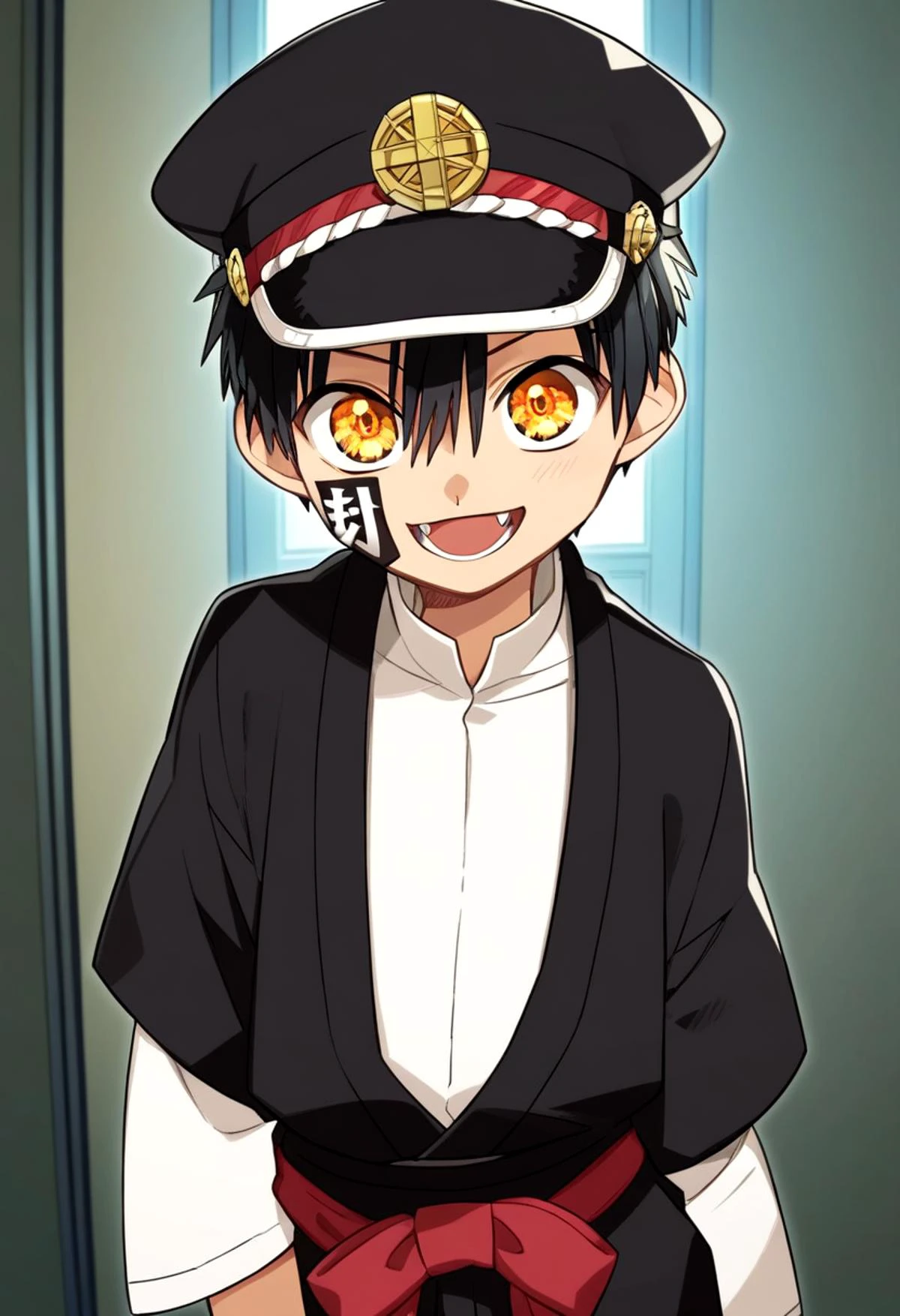 score_9, score_8_up, score_7_up,source_anime, rating_safe BREAK
straight on shot, standing, detailed eyes,
<lora:tsukasa-000018:0.8>
yugi_tsukasa, amber eyes, petite, aged down, child,
one boy standing in a hallway.
His hair is black his eyes are amber color. close up
He is wearing a (completely black kimono:1.2) and a (black paked cap with red band on top of it :1.2). black rectangular sticker in face,
,smile , fangs