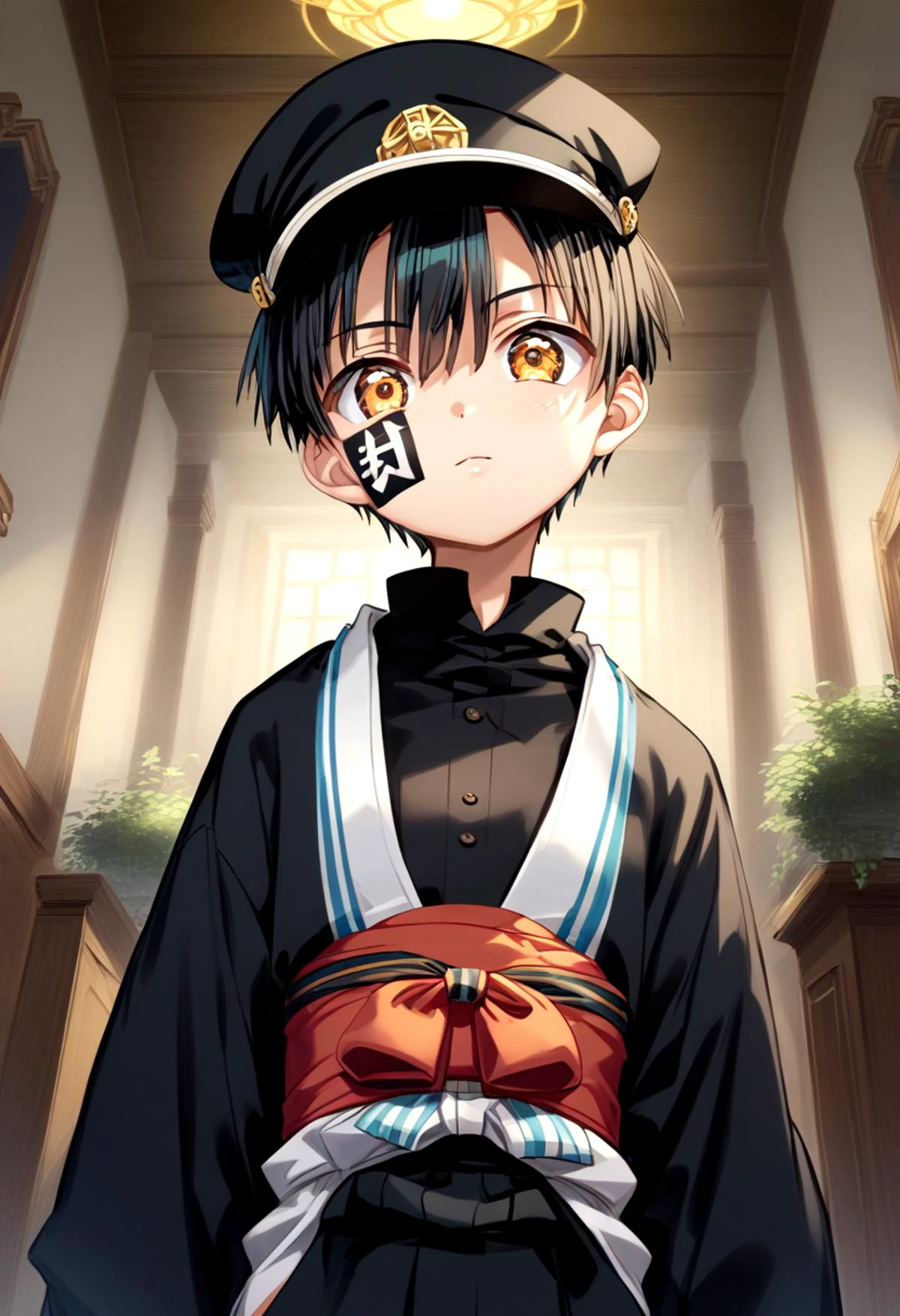 score_9, score_8_up, score_7_up,source_anime, rating_safe BREAK
straight on shot, standing, detailed eyes,
<lora:tsukasa-000018:0.8>
yugi_tsukasa, amber eyes, petite, aged down, child,
one boy standing in a hallway.
His hair is black his eyes are amber color. close up
He is wearing a (completely black kimono:1.2) and a (black paked cap with red band on top of it :1.2). black rectangular sticker in face,
,