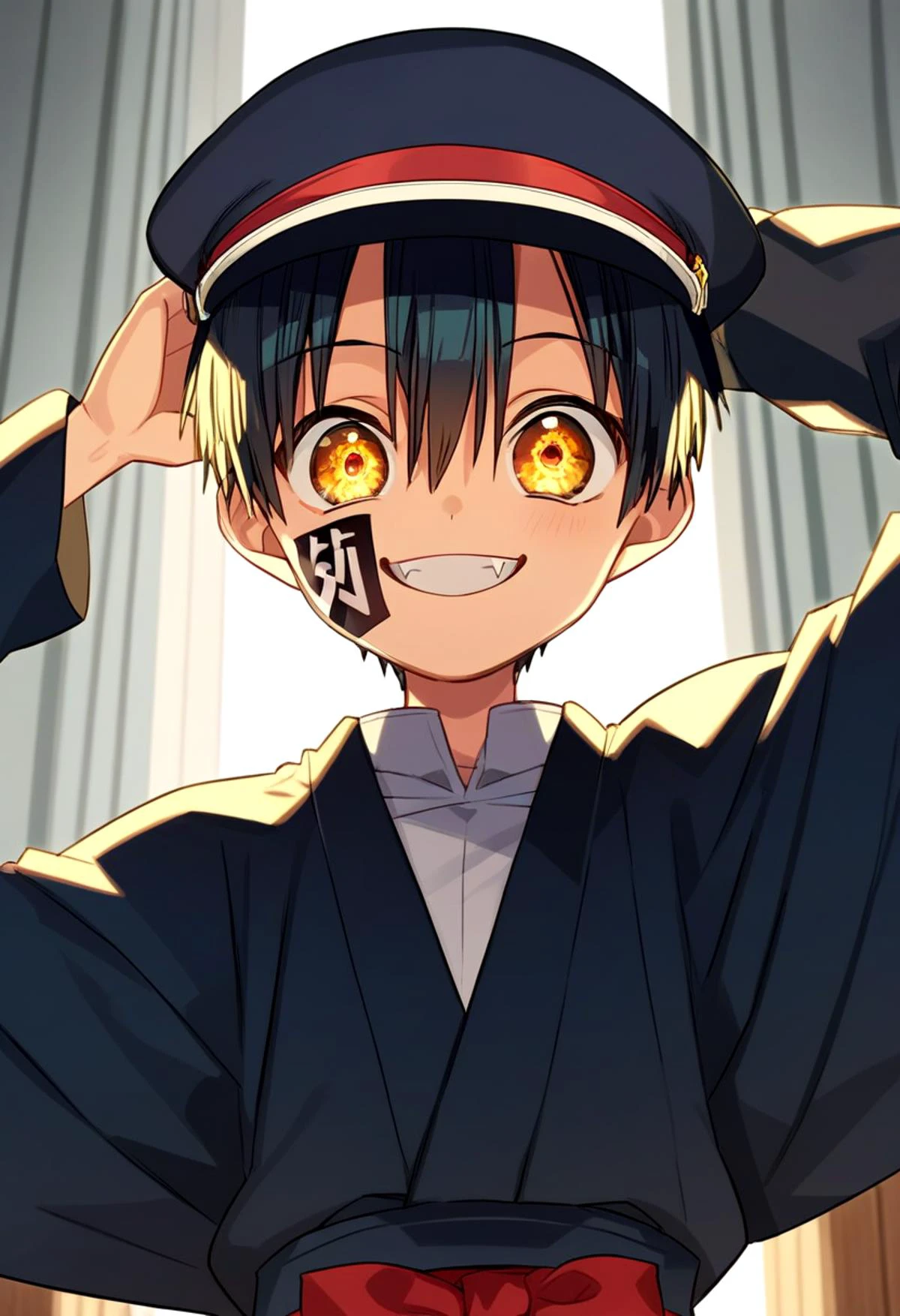 score_9, score_8_up, score_7_up,source_anime, rating_safe BREAK
straight on shot, standing, detailed eyes,
<lora:tsukasa-000018:0.8>
yugi_tsukasa, amber eyes, petite, aged down, child,
one boy standing in a hallway.
His hair is black his eyes are amber color. close up
He is wearing a (completely black kimono:1.2) and a (black paked cap with red band on top of it :1.2). black rectangular sticker in face,
,smile , fangs