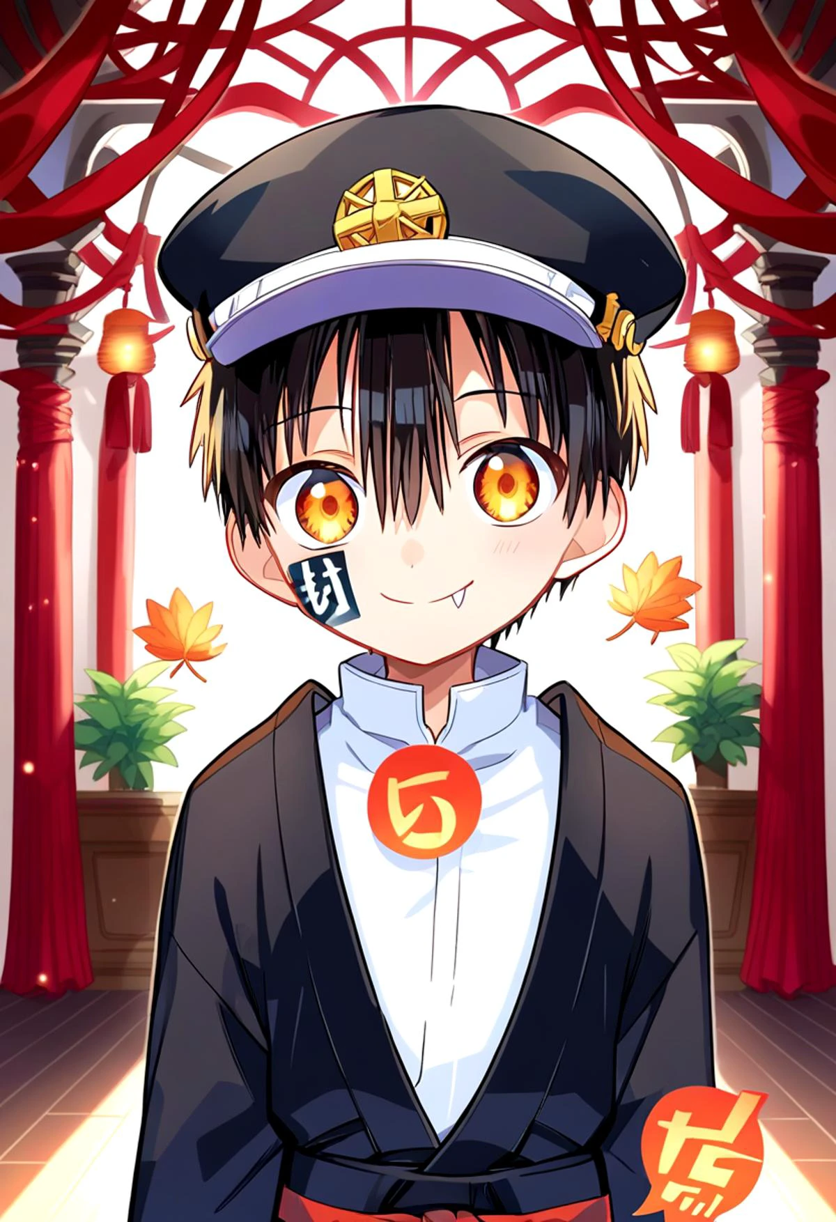 score_9, score_8_up, score_7_up,source_anime, rating_safe BREAK
straight on shot, standing, detailed eyes,
<lora:tsukasa-000018:0.8>
yugi_tsukasa, amber eyes, petite, aged down, child,
one boy standing in a hallway.
His hair is black his eyes are amber color. close up
He is wearing a (completely black kimono:1.2) and a (black paked cap with red rope on top of it :1.2). black rectangular sticker in face,
,smile , fangs