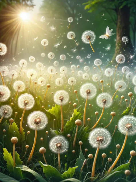 <lora:Fairy_Style_SDXL:1> A field of ais-fairy dandelions, their seeds transforming into tiny, radiant fairies as they drift upon the wind.