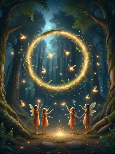 <lora:Fairy_Style_SDXL:1> A circle of ais-fairy fireflies, whispering ancient tales to the moon as they dance among the ancient oaks.