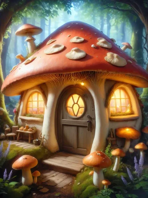 <lora:Fairy_Style_SDXL:1> A cozy cottage nestled within a giant ais-fairy mushroom, its windows aglow with firelight, inviting travelers with the aroma of freshly baked bread.