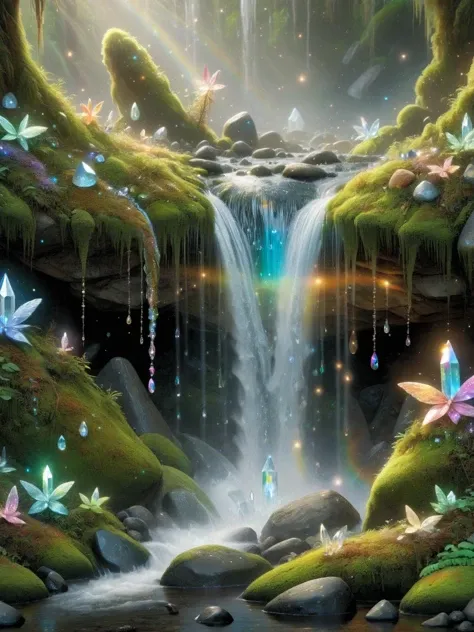 <lora:Fairy_Style_SDXL:1> A waterfall cascading over ais-fairy crystals, each droplet a tiny prism, painting a rainbow across the mossy rocks.