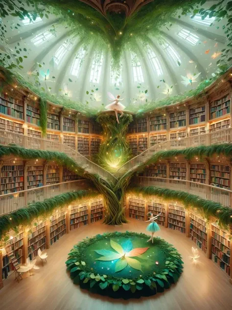 <lora:Fairy_Style_SDXL:1> A library where books sprout ais-fairy leaves and their stories unfold in a mesmerizing ballet of colors and whispers.