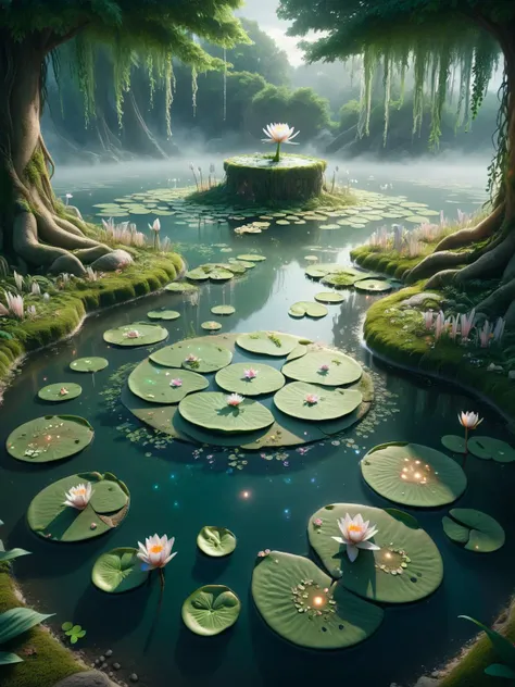 <lora:Fairy_Style_SDXL:1> A pond where ais-fairy lily pads create stepping-stones towards a hidden island, where a solitary ancient tree whispers forgotten prophecies.