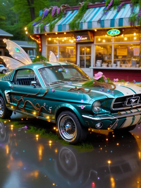 An ais-fairy classic Ford Mustang, outside a ais-fairy diner <lora:Fairy_Style_SDXL:1>
